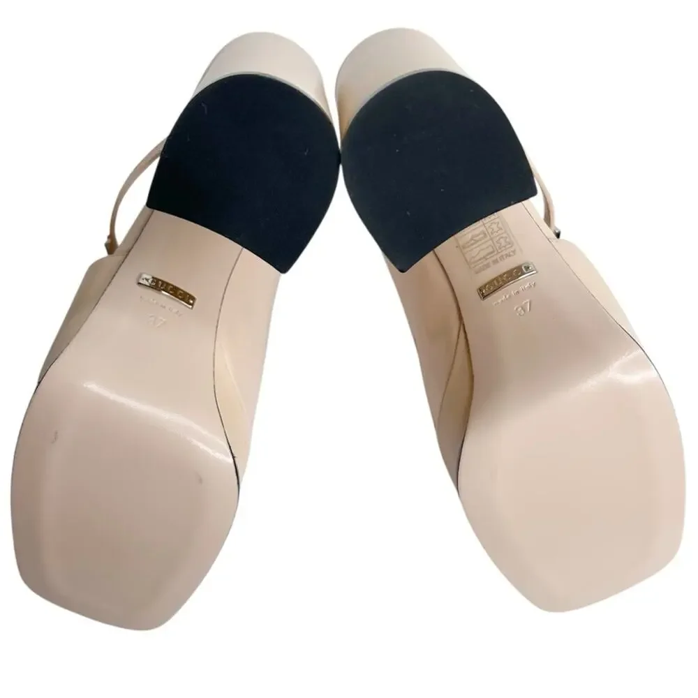 GUCCI Tiarah Block Heel Platform Open Toe Nude Mules